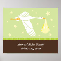 Art personnalisé de mur de bébé - cigogne/vert et  posters