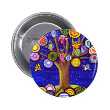 Art populaire d'amusement de hiboux et de fleurs badges