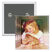 Art vintage de chat :  "Fille tenant un chat " Badges