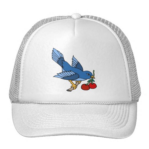 Art vintage de tatouage d'oiseau bleu et de cerise casquettes