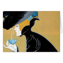 Art vintage Nouveau, femme buvant du thé de Marco  Carte De Vœux