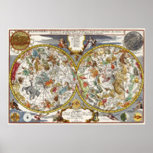 Astronomie vintage, carte céleste de Planisphere Affiche