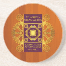 Atlantean Steamworks-Gold & Purple on Amber Wood Beverage Coaster