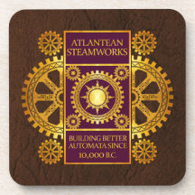 Atlantean Steamworks - Gold & Purple on Brown Beverage Coaster