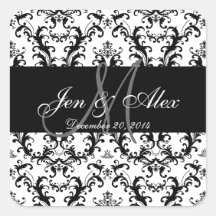 Autocollant blanc noir de faveur de mariage damass