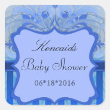 Autocollant bleu de carré de baby shower de damass