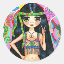 Autocollant hippie de fille de signe de paix