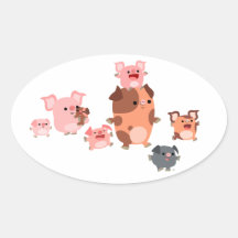 Autocollant mignon d'ovale de famille de porc de b