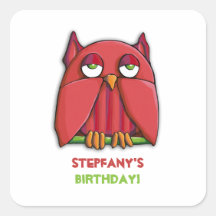 Autocollant rouge de carré d'anniversaire de hibou