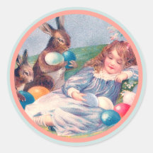 Autocollants vintages de lapin et de fille de Pâqu