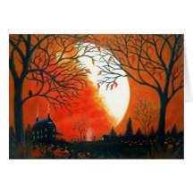 Automne, chute, paysage, citrouilles, feu, hibou carte de vœux