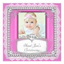 Baby Girl Pink Christening Baptism Cross Lace Personalized Invite