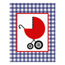 Baby shower neutre - chariot rouge et guingan bleu carton d'invitation
