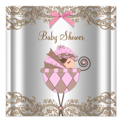 Baby shower rose de fille de dentelle de Brown Faire-parts