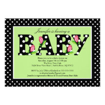 Baby shower vert noir de "bébé" de point de polka cartons d'invitation