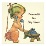 Baby shower vintage, fille mignonne parlant au tél faire-parts