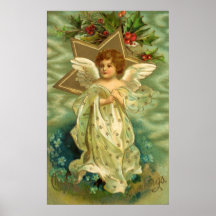 Baies vintages de houx d'étoile d'or d'ange de Noë Posters