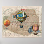 Ballons au-dessus de carte vintage de Paris France Affiche