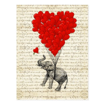 Ballons romantiques d'éléphant et de coeur carte postale