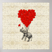 Ballons romantiques d'éléphant et de coeur affiches