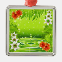 Bambou vert frais et fleurs tropicales Orna de l'e Décoration De Noël