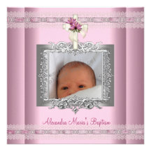 Baptême argenté blanc rose de baptême de croix de  invitations personnalisables