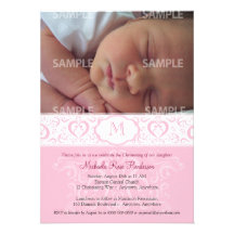 Baptême/baptême roses de monogramme de damassé bristols personnalisés