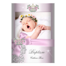Baptême blanc de photo de dentelle de rose de fill invitations personnalisées