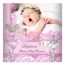 Baptême blanc de photo de rose de fille de baptême cartons d'invitation