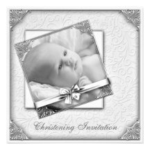 Baptême blanc élégant de photo de damassé invitation personnalisable