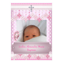 Baptême blanc rose de croix de cadre de photo de t invitations personnalisées