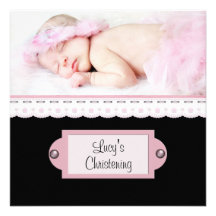 Baptême blanc rose de photo de fille de noir de ro carton d'invitation