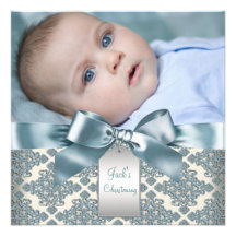 Baptême bleu beige de photo de bébé de damassé carton d'invitation