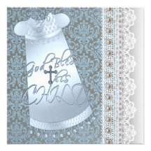 Baptême bleu de bébé de damassé de Brown de robe b Invitations Personnalisées