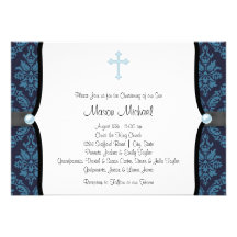 Baptême bleu de damassé de noir bleu de croix de p invitations personnalisées