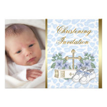 Baptême bleu de photo de bébé de léopard d'or faire-parts