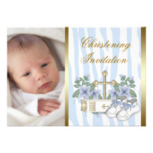 Baptême bleu de photo de bébé de zèbre d'or invitations