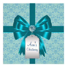 Baptême bleu turquoise de baptême de bébé de damas invitations personnalisées
