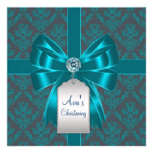 Baptême bleu turquoise de baptême de bébé de damas cartons d'invitation