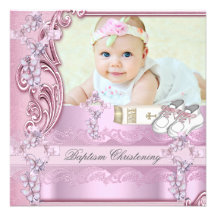 Baptême croisé rose de photo de fille de baptême faire-part personnalisé
