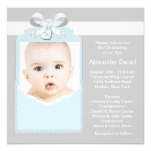 Baptême de photo de bébé de gris bleu invitations personnalisées