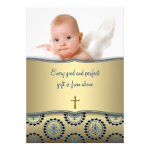 Baptême élégant de photo de bébé de bleu et d'or invitation personnalisée