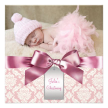 Baptême en ivoire et rose de photo de bébé de dama cartons d'invitation