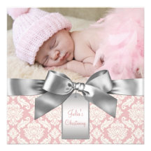 Baptême en ivoire et rose de photo de bébé de dama cartons d'invitation