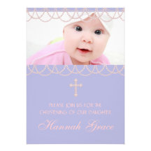Baptême pourpre de photo de croix de perle de lava invitation personnalisable