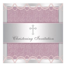 Baptême rose de baptême de bébé de croix de perle faire-part personnalisé