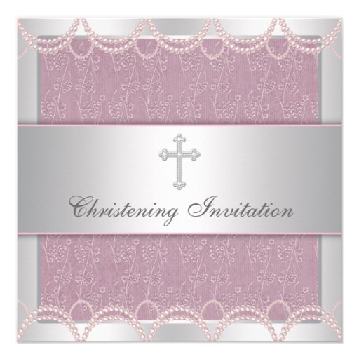 Baptême rose de baptême de bébé de croix de perle faire-part personnalisé