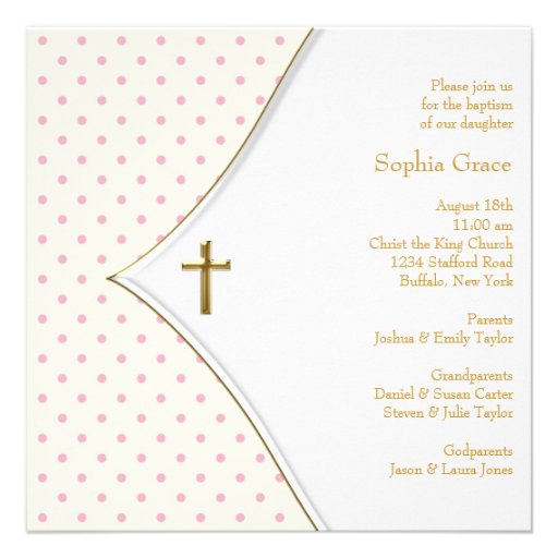 Baptême rose de bébé de croix d'or blanc invitations personnalisables