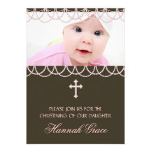 Baptême rose de photo de bébé de croix de perle de cartons d'invitation