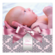 Baptême rose de photo de bébé de damassé faire-parts